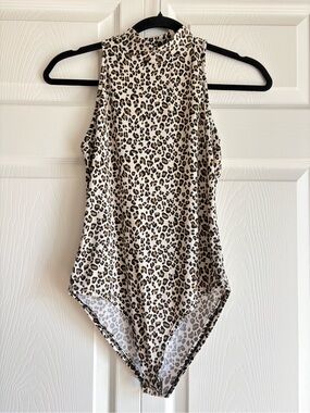 gaze Leopard Animal Print High-Neck Sexy One-Piece Bodysuit Top Size Small